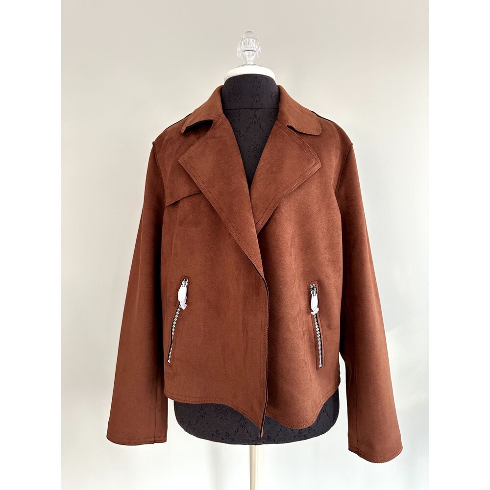 Philosophy Faux Suede Open Moto Jacket Zip Pockets Brown XL - NWT